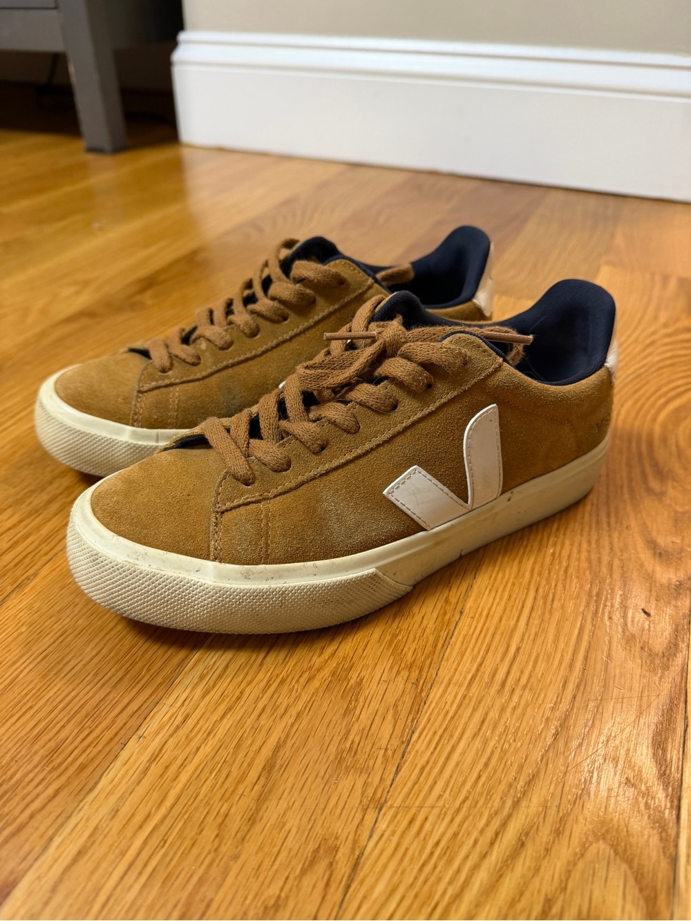 Veja Tan Suede Low-Top Sneakers with White V